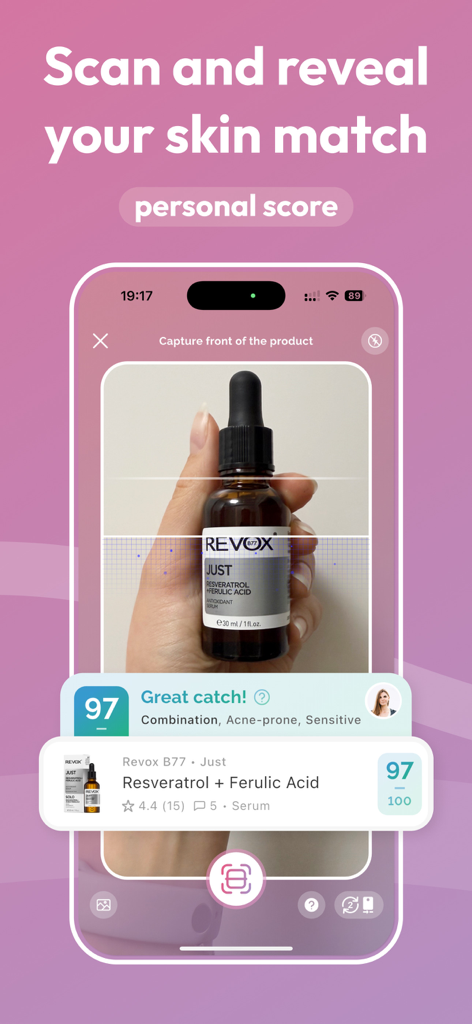 Smartphone scanning a skincare product to show a compatibility score for acne-prone and sensitive skin