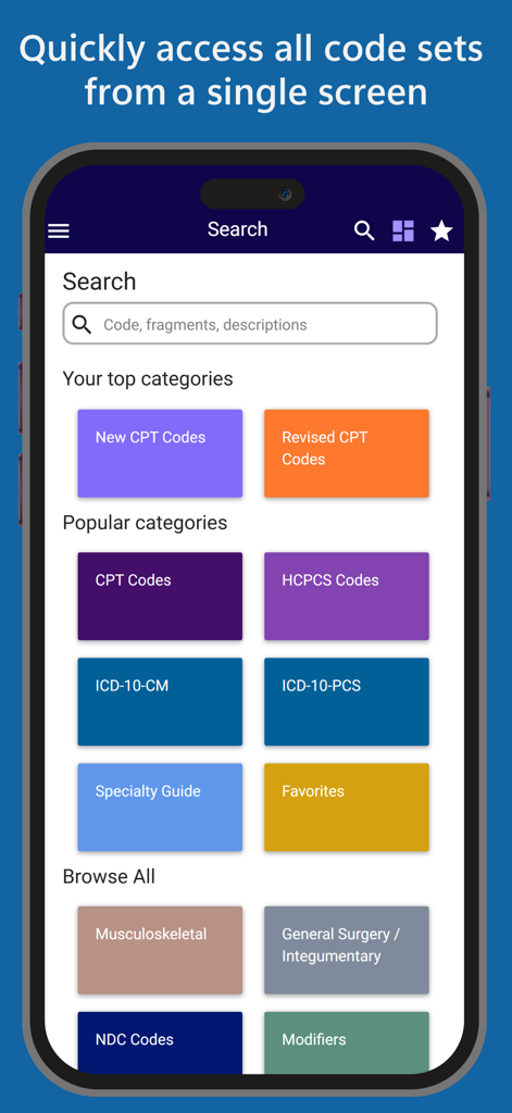 iCoder CPT RVU ICD10 HCPCS - iCoder App Suchbildschirm mit Kategorien für medizinische CPT-, ICD-10- und HCPCS-Codes.