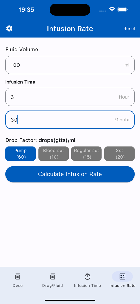 Infusion Rate screen showing fluid volume and infusion time inputs