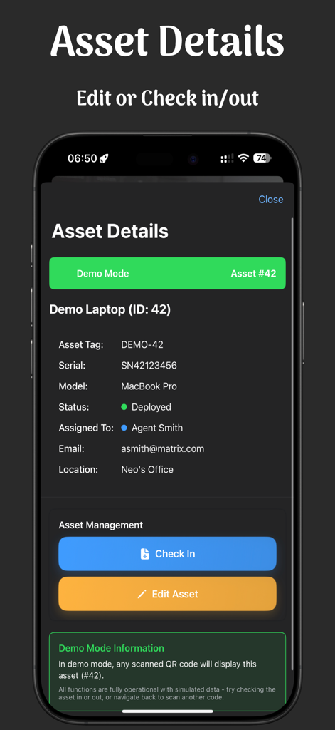 Snipe-Scan - A mobile interface for Snipe-Scan displaying detailed IT asset information for a laptop with check-in and edit buttons in dark mode.