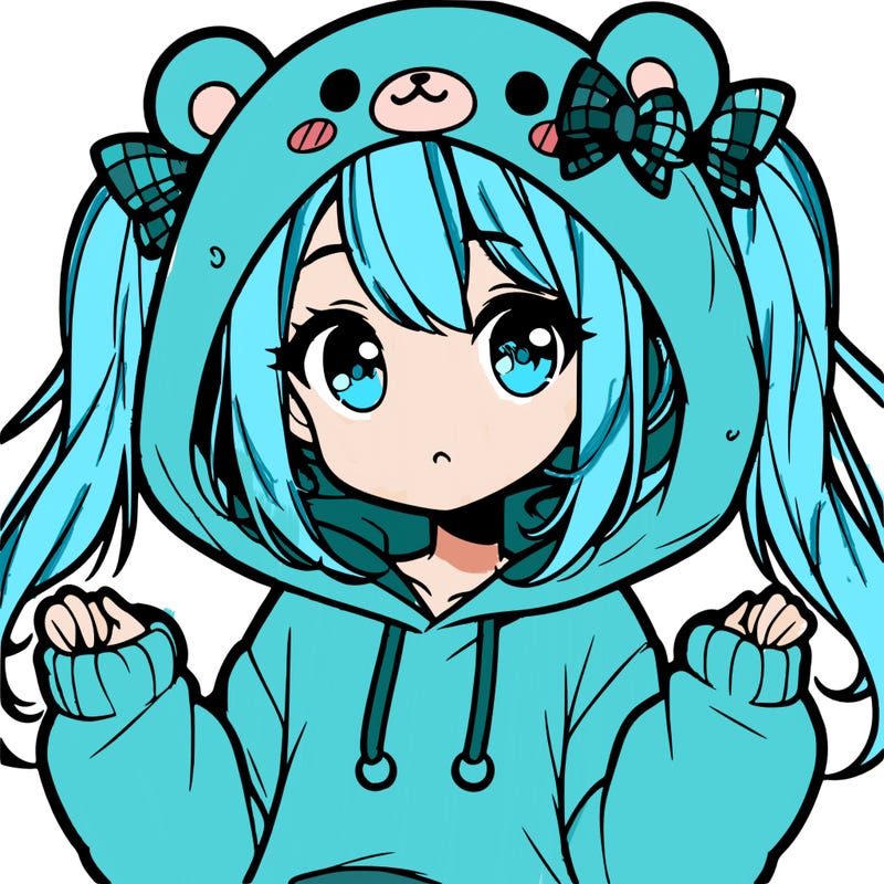 cute anime girl with ponytails and a cute bear hoodie