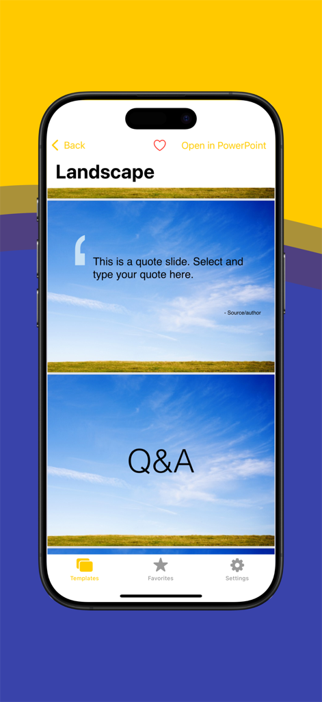 Aperçu des diapositives PowerPoint sur le thème du paysage dans l'application Modèles pour Office Pro