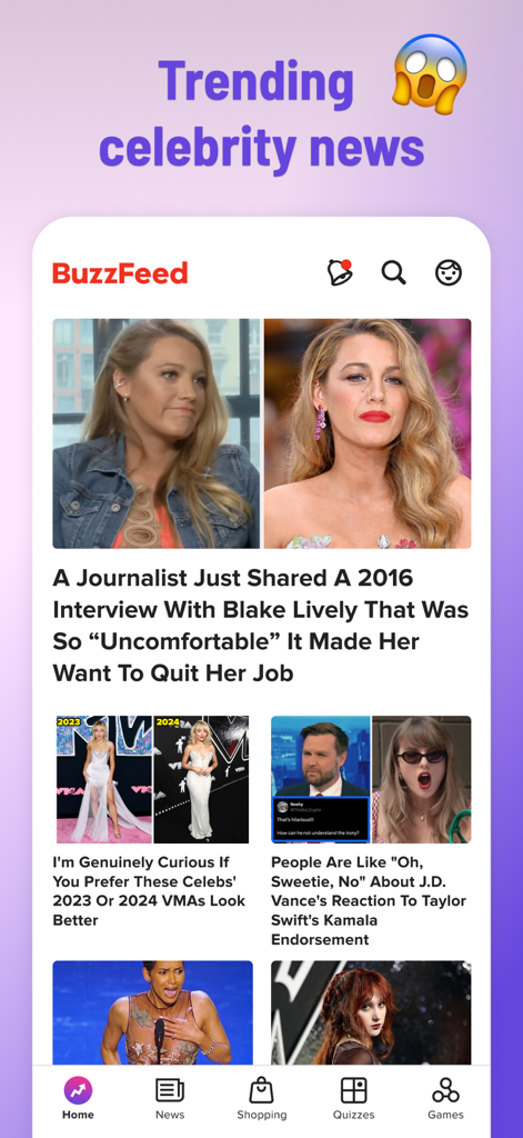 BuzzFeed app home screen displaying trending celebrity news and entertainment articles