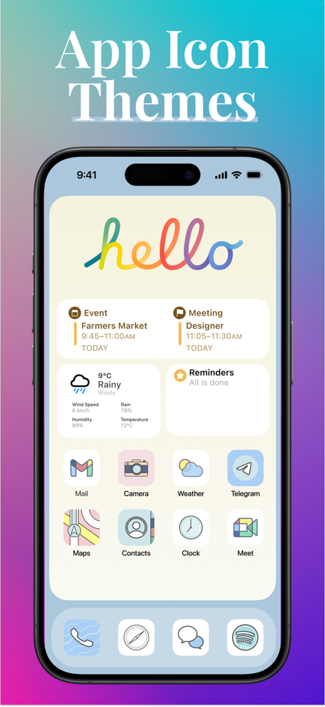 Pantalla de inicio de iPhone estética con iconos de aplicaciones pastel personalizados y widgets coloridos