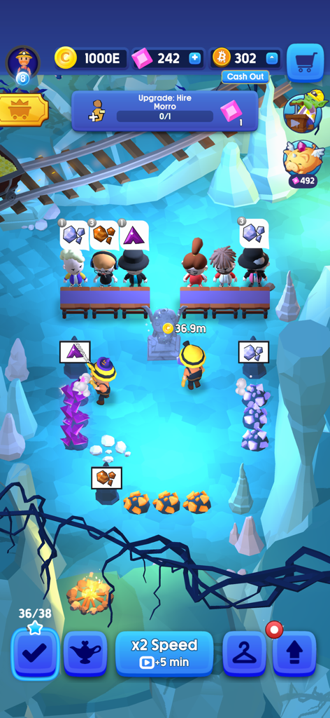 Idle Mine! - Gameplay screen of Idle Mine showing characters mining gems and earning Bitcoin rewards.