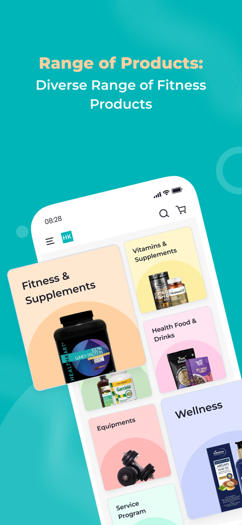 HealthKart app showing various fitness and supplement product categories