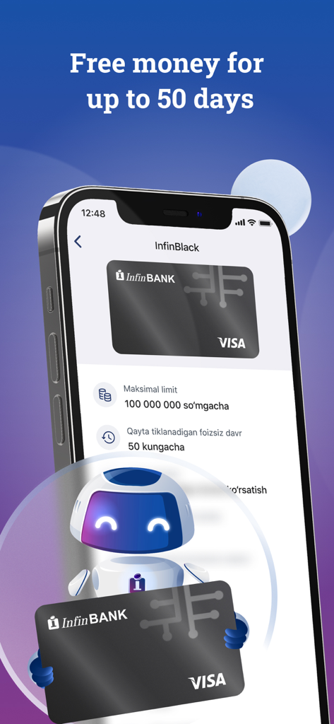 InfinBANK - Aplicativo móvel InfinBANK exibindo detalhes do cartão InfinBlack VISA com uma promoção de período sem juros de 50 dias