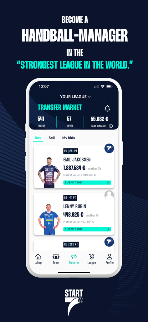START7 handball manager app interface showing the transfer market with player cards for bidding