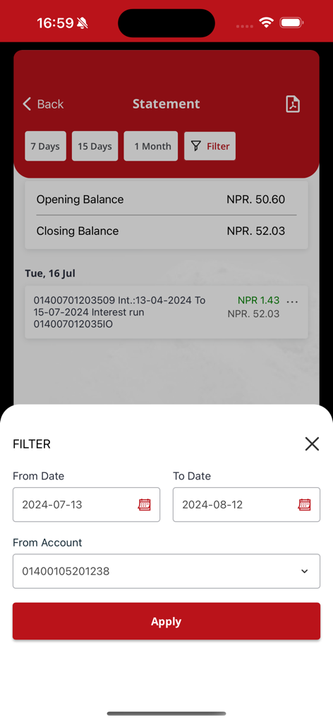 EBL Mobile Banking - EBL Mobile Banking app statement screen with a transaction filter menu and account balance summary in NPR