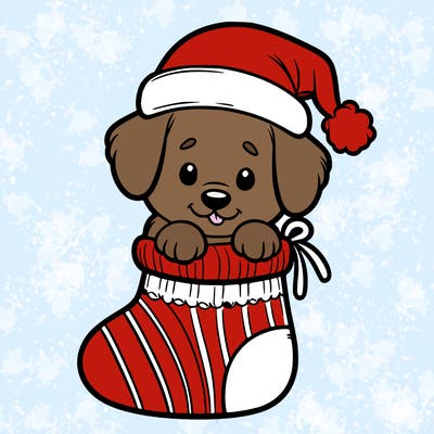 cute puppy wearing santa hat in socking