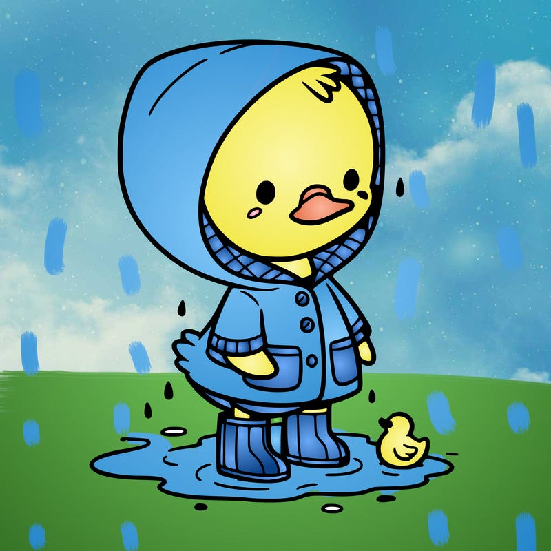 baby duck in a rain coat and boots, in a puddle while it’s raining