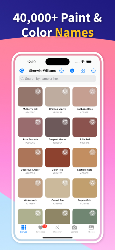 Color Identifier: Paint Match - A mobile app screen showing a large library of Sherwin Williams paint color swatches with names and hex codes
