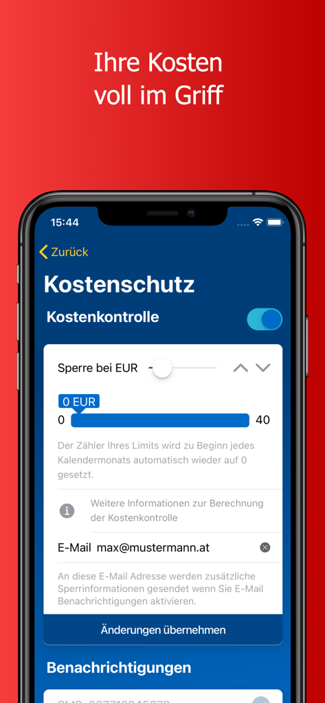 Smartphone displaying the Mein HoT app cost control screen with settings to limit monthly spending and set email notifications.
