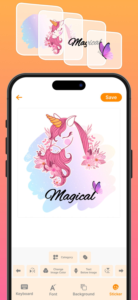 Tattoo design app interface showing a unicorn sticker and script font customization