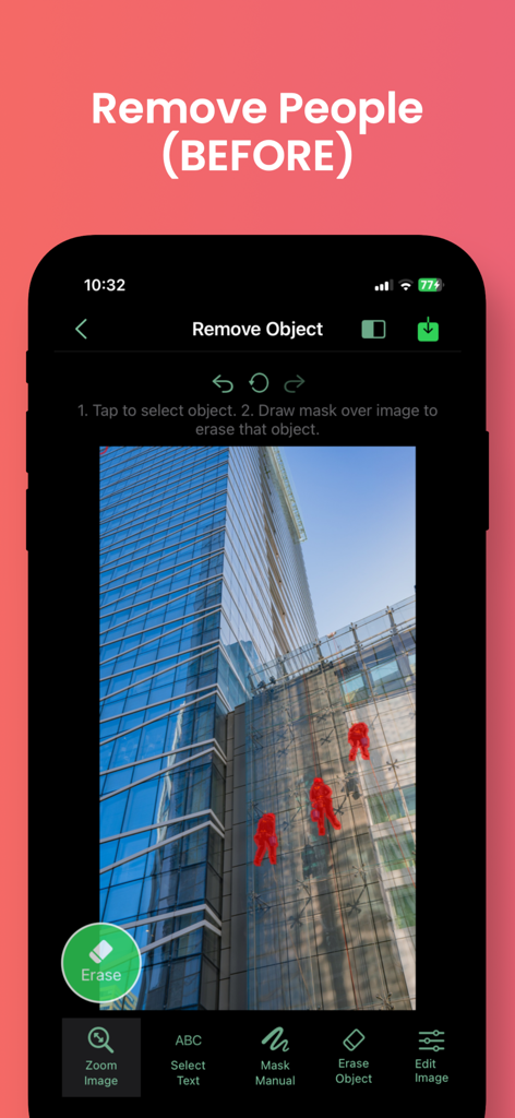 remove watermark erase objects - Écran d'application de retouche photo montrant des surlignages rouges sur des personnes à supprimer d'une photo de bâtiment.