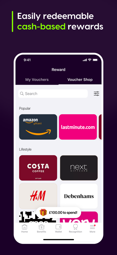 OneHub | Mobile - OneHub mobile app screen showing the reward voucher shop with various gift cards and available balance