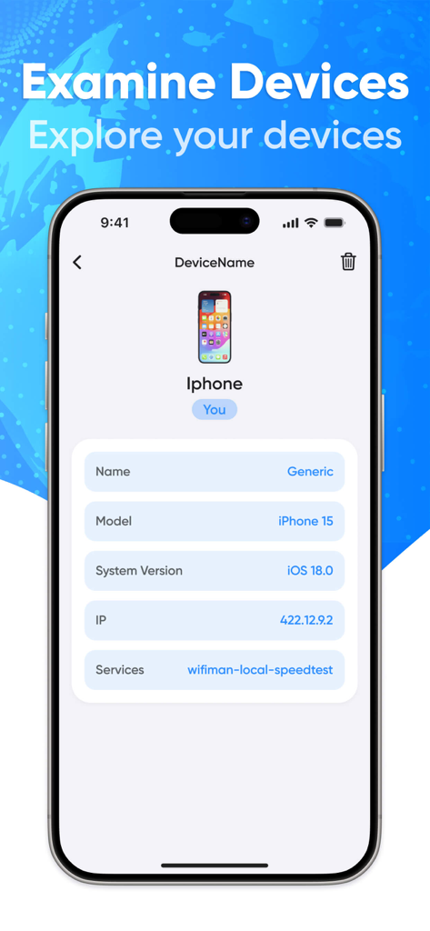 WIFI analyzer. Network scanner - Vista detallada de un iPhone conectado dentro de la aplicación Wifi Analyzer mostrando información de red.