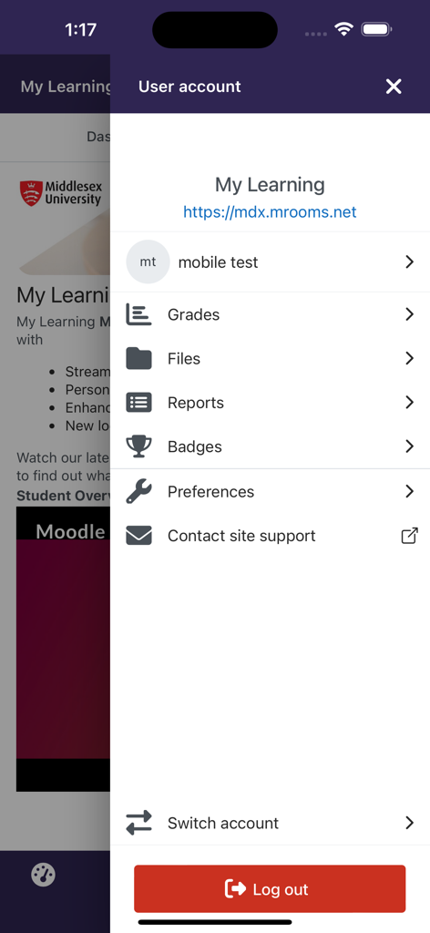 MDX My Learning app user account menu with links to grades files and reports