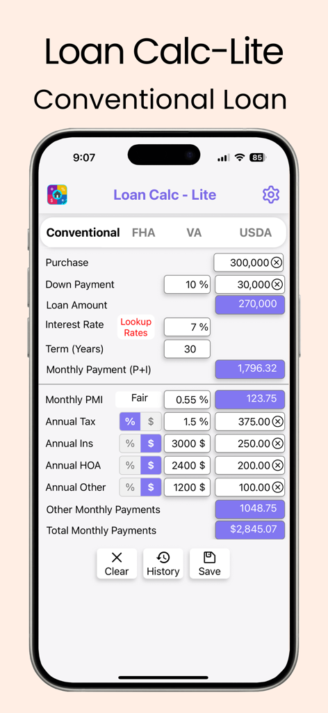 Loan Calc-Lite - Interfaz de la aplicación móvil de Loan Calc-Lite que muestra el cálculo del pago de una hipoteca convencional con PMI e impuestos