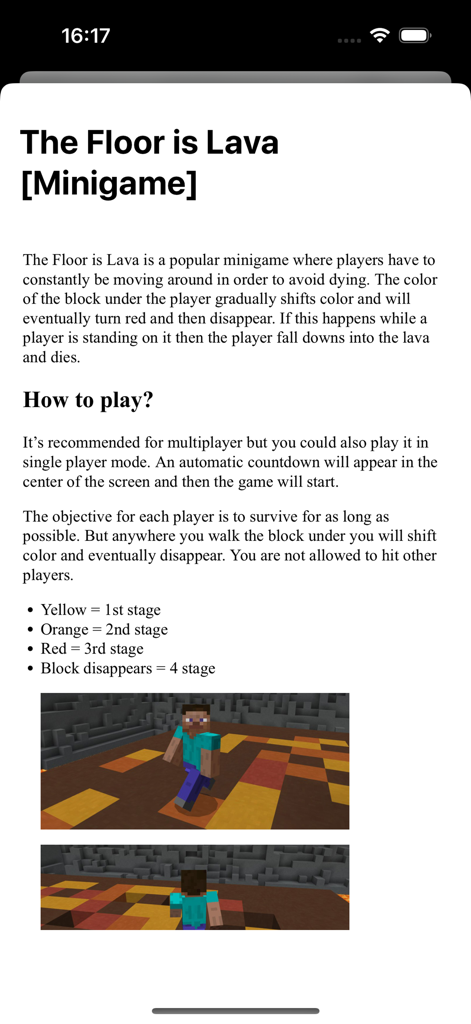 Addons for minecraft Survival - Descrição detalhada e regras de jogabilidade para o minijogo The Floor is Lava dentro do aplicativo de addons de sobrevivência do Minecraft.
