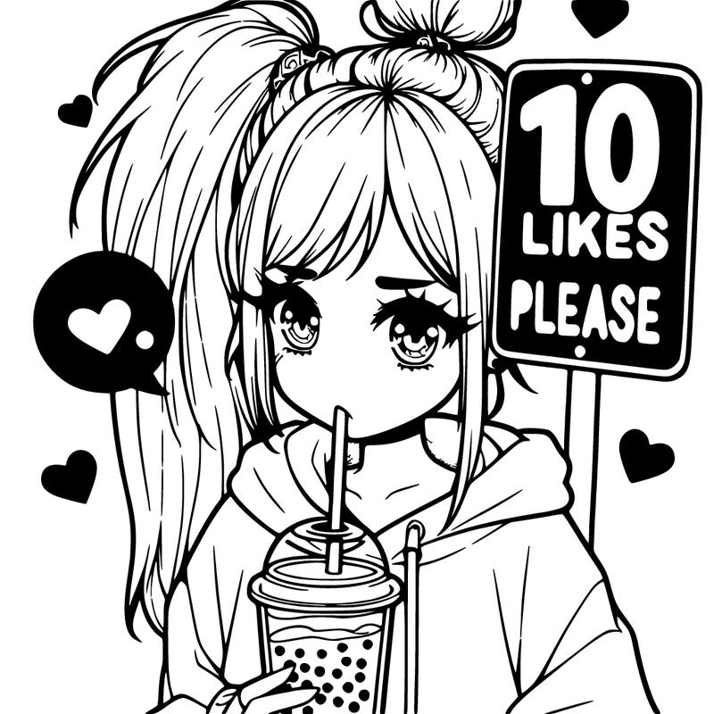 girl with a high ponytail and a hoodie drinking boba staring at a sign saying 10 likes please