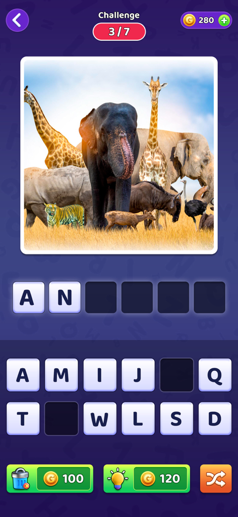 4 Pics 1 Word: Word Guess Game - Screenshot of 4 Pics 1 Word game featuring a picture puzzle with wild animals.