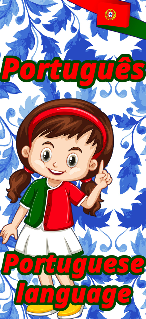 赤と緑の衣装を着た漫画の女の子が、青いタイルの背景にポルトガル語のテキストで上を指差している