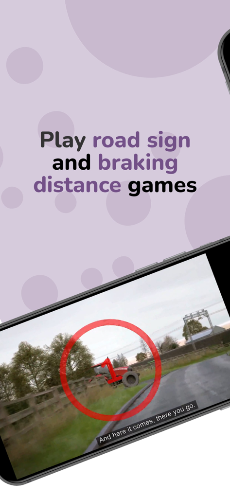 Driving Theory by James May - A mobile app screenshot highlighting road sign and braking distance games with a hazard perception video clip.