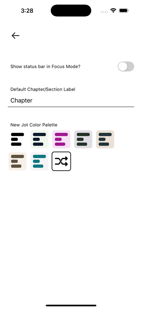 Jot Writer - Pantalla de configuración de la aplicación Jot Writer que muestra opciones de modo de enfoque y varias preconfiguraciones de paleta de colores