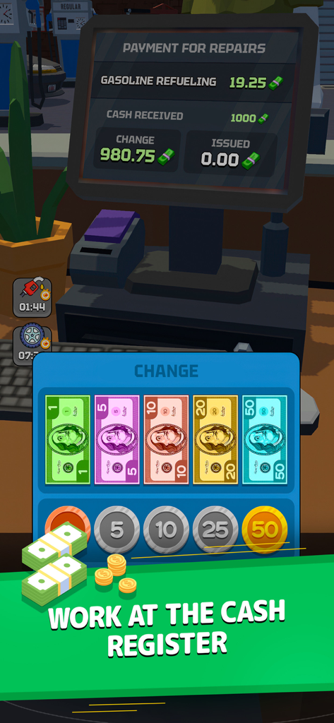 Mechanic Simulator - 정비소 시뮬레이터에서 현금 등록기 인터페이스의 게임 플레이 스크린샷으로, 색색의 지폐와 동전이 거스름돈으로 표시됩니다.