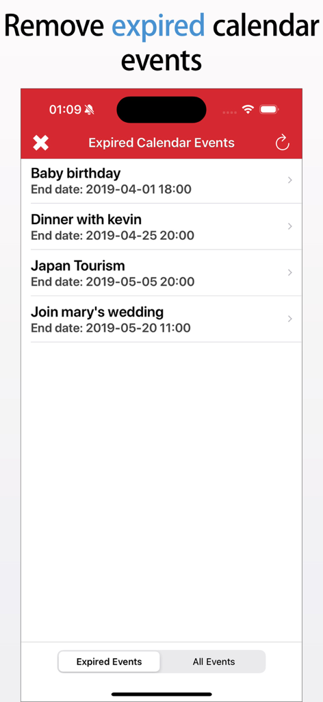 AI Cleaner Max-Clean Up Device - AI Cleaner Max의 인터페이스: 제거할 과거 일정 이벤트 목록 표시