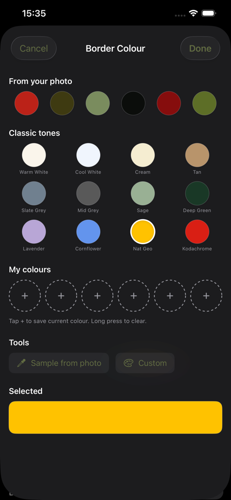 Border Pro - Interface profissional de seleção de cores para bordas de fotos com tons clássicos e seletores de cores personalizados.