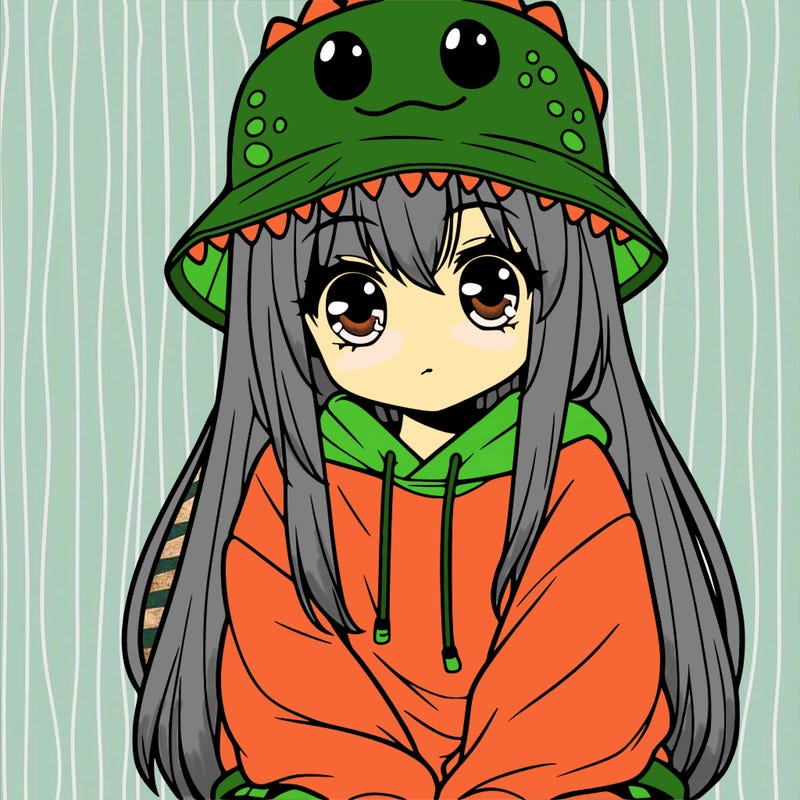 girl with anime shaped eyes with a dinosaur bucket hat oversized sweatshirt long straight hair
