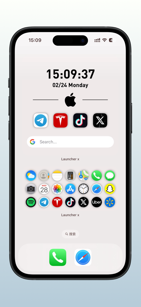 Launcher x – Quick App Widgets - Tela inicial minimalista do iPhone apresentando widgets estéticos personalizados e atalhos de aplicativos criados com Launcher x.