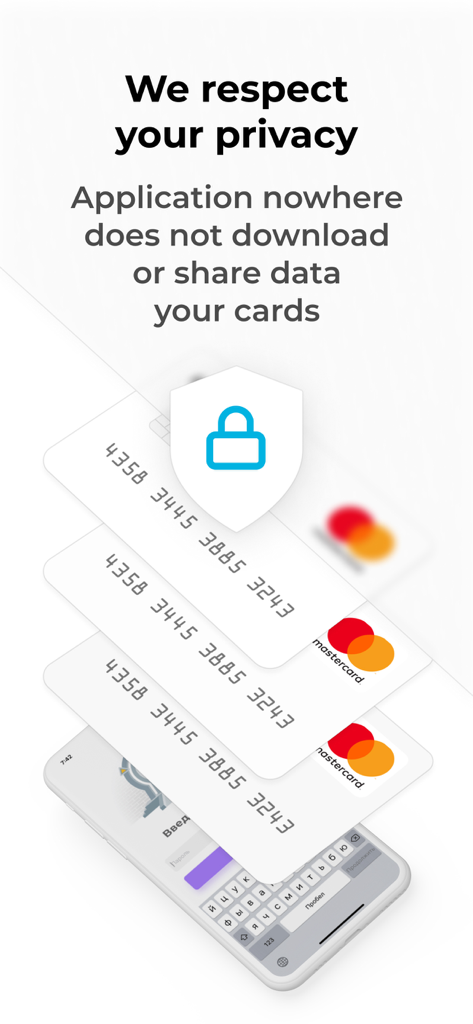 Schermata dell'app PIN Wallet che evidenzia la privacy dell'utente e la memorizzazione locale sicura dei dati delle carte bancarie