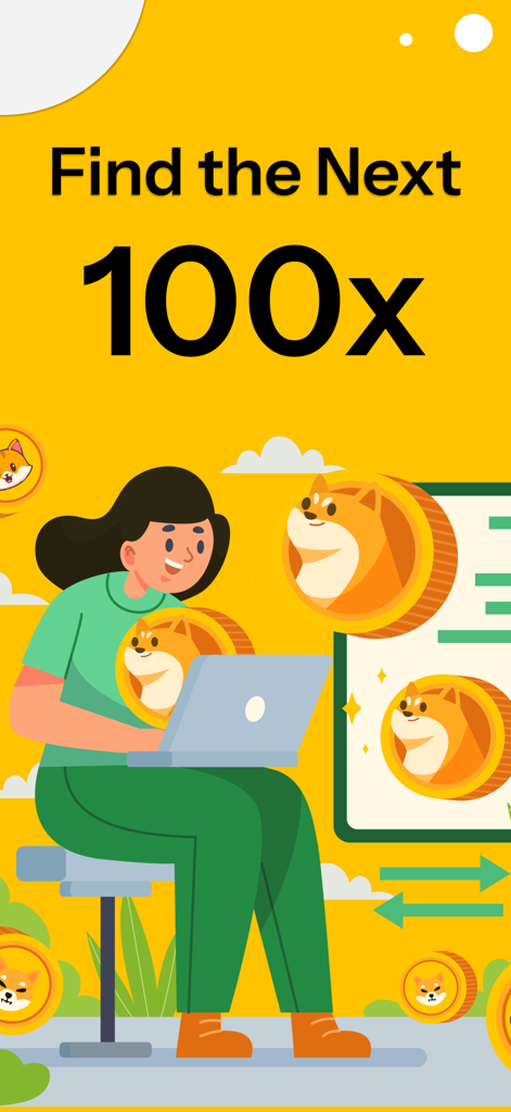 An illustration of a trader searching for the next 100x crypto meme coin on a laptop