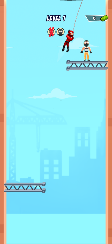 Stickman rojo balanceándose de una cuerda en un nivel de juego de acción basado en la física