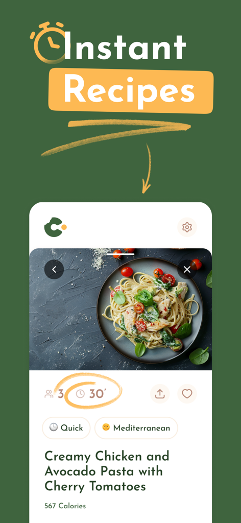 Recipe Maker & Saver - Crumb - Capture d'écran de l'application Crumb montrant une recette instantanée de pâtes crémeuses au poulet et à l'avocat avec des tags méditerranéens et un temps de préparation de 30 minutes.