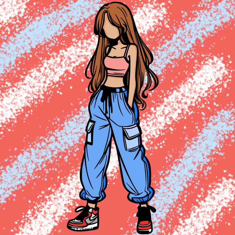 girl in baggy pants crop top and long hair