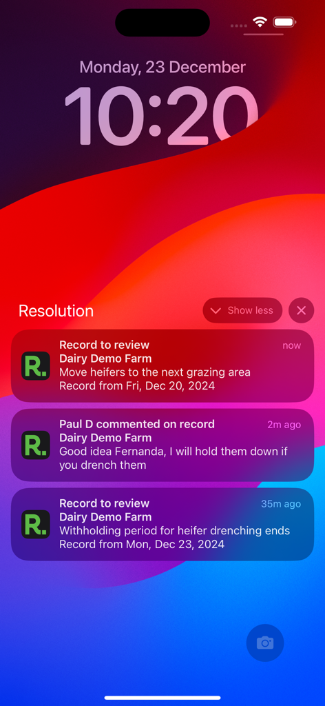 Resolution Farming App - iPhone lock screen showing farm management notifications and team communication from the Resolution Farming App.