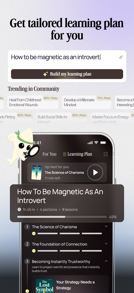 BeFreed app interface showing a personalized learning plan for being magnetic as an introvert