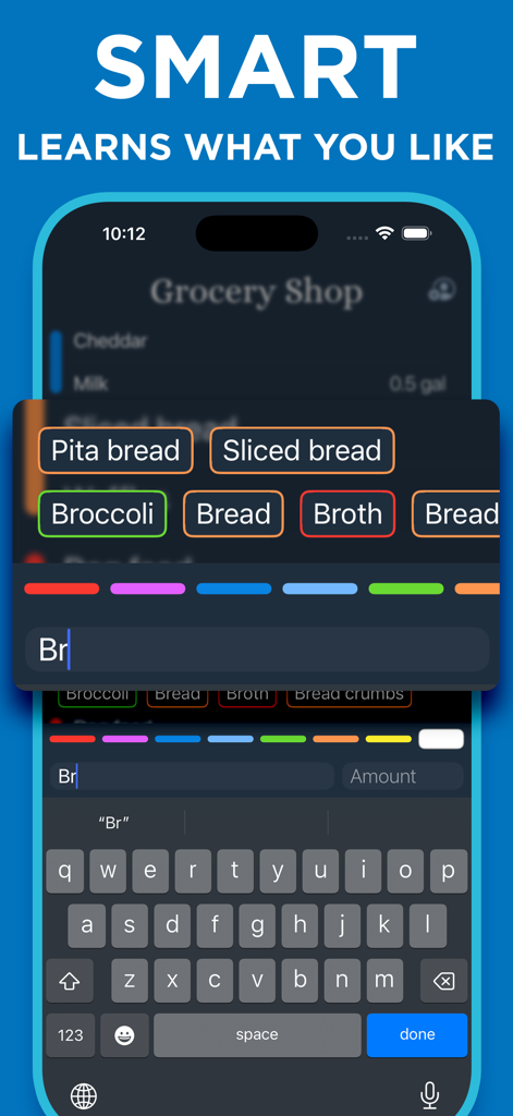 スマートなアイテムの提案と自動補完機能を示す食料品リストアプリのインターフェース