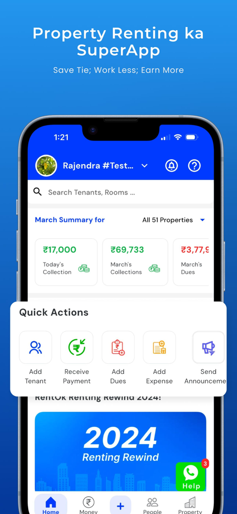 RentOk PG Hostel Flat Manager - Painel do aplicativo RentOk exibindo um resumo da receita de aluguel da propriedade e botões de ação rápida para proprietários