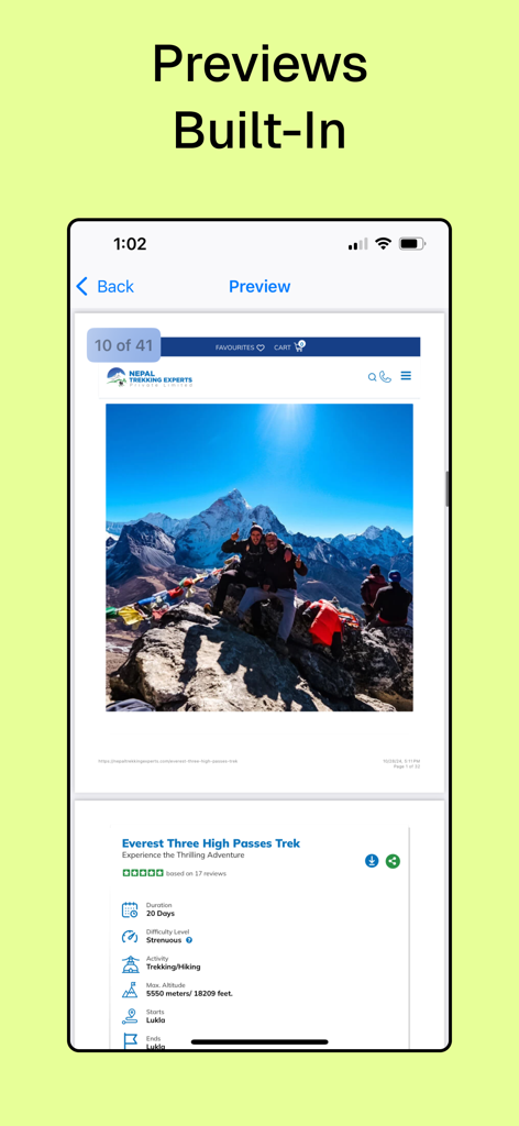 PDF Merge: small pdf converter - A smartphone displaying a built-in document preview feature within the PDF Merge app showing a trekking brochure.