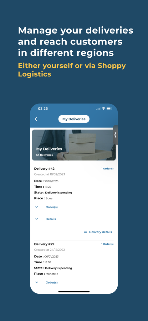 Shoppy MarketSpace Seller - Mobile app interface of Shoppy MarketSpace Seller showing a delivery management dashboard with a list of pending orders and shipping status