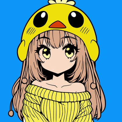 anime girl with chick shaped hat with sweater with bare shoulders with bangs covering them one eye with low tail