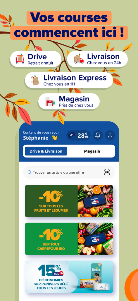 Carrefour & sa carte Club - Carrefour mobile app home screen showing grocery delivery options and loyalty club rewards
