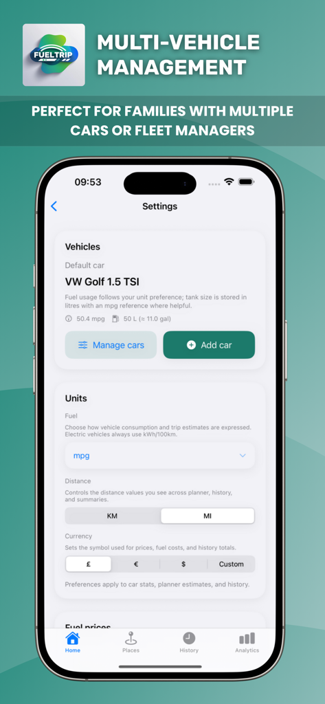 FuelTrip app interface showing multi-vehicle management and unit settings for fuel consumption and distance