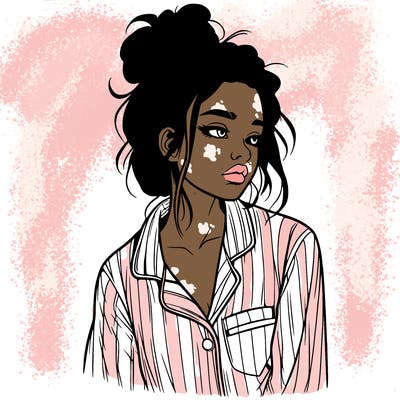 realistic woman with pajamas on and a messy bun