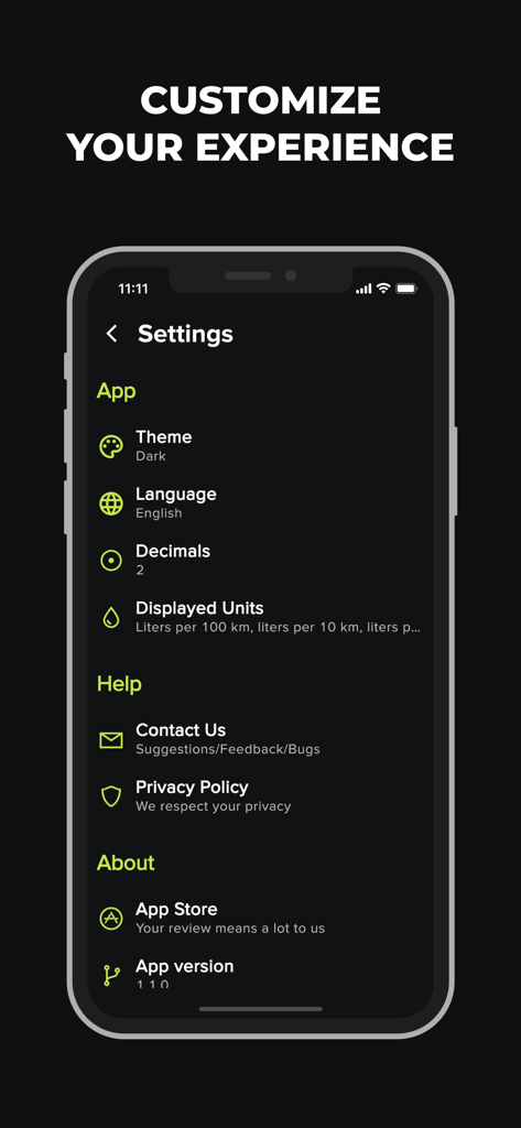 Fuel Calculator app settings screen showing customization options for theme, language, and measurement units.
